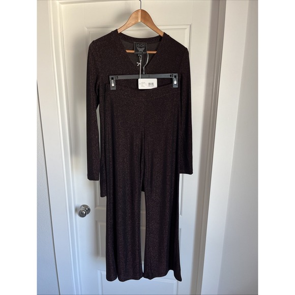 Johnny Was Pants - Johnny Was Jade Demi Metallic Easy Pant and Tunic Top V-neck Set  Burgundy New S